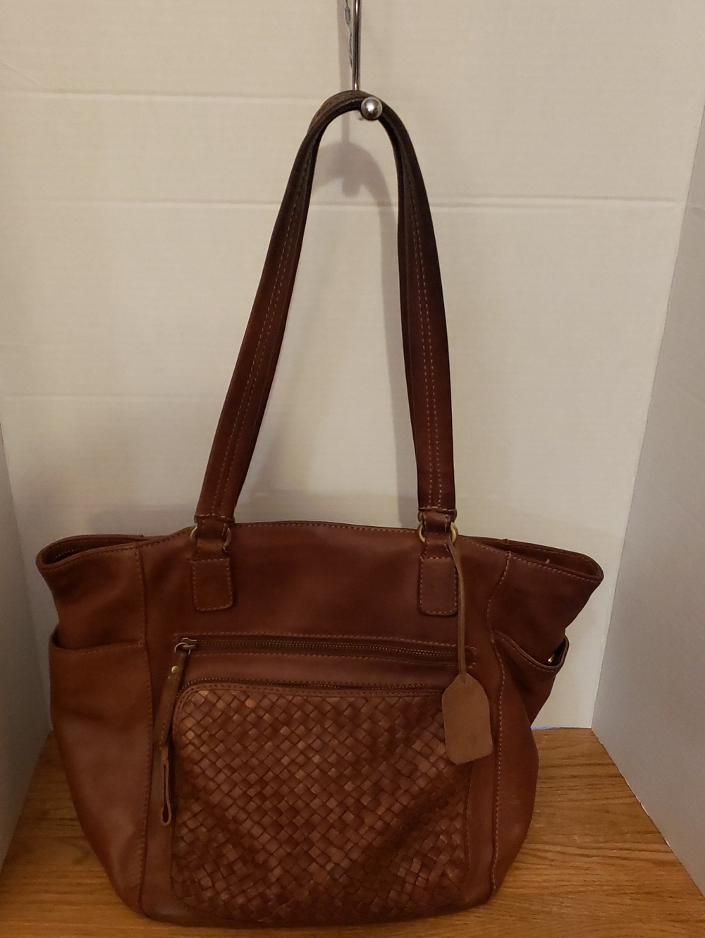 Brown Woven Leather Shoulder Tote Bag